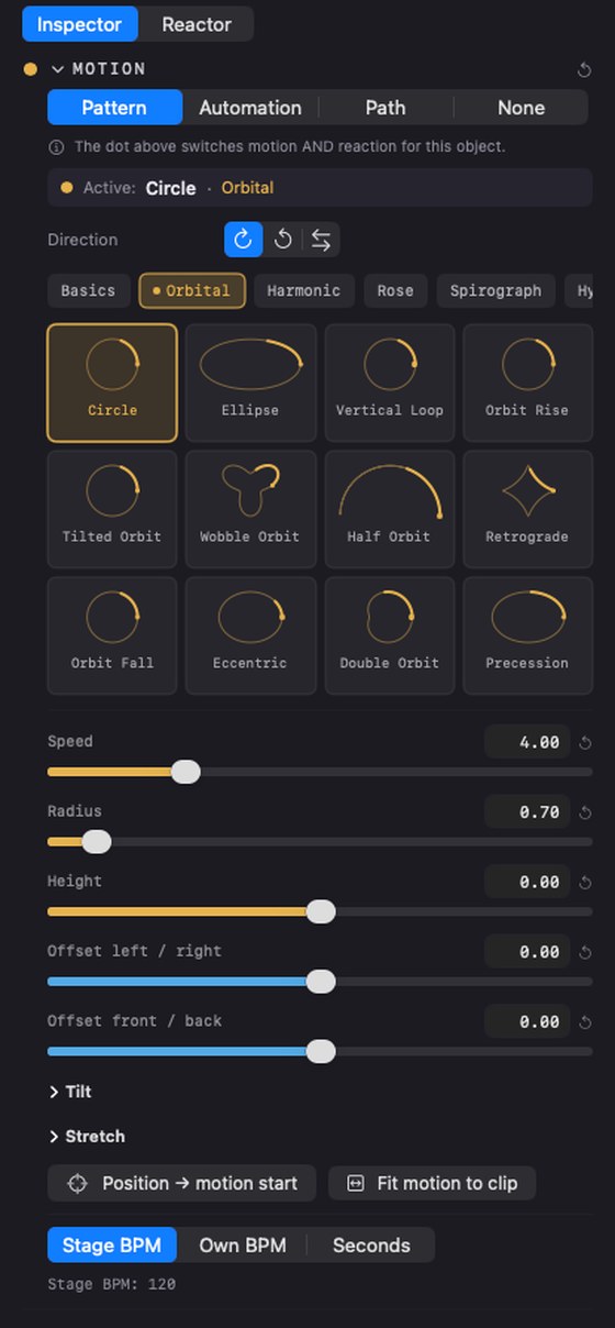 Motion section of the inspector with pattern groups and parameters