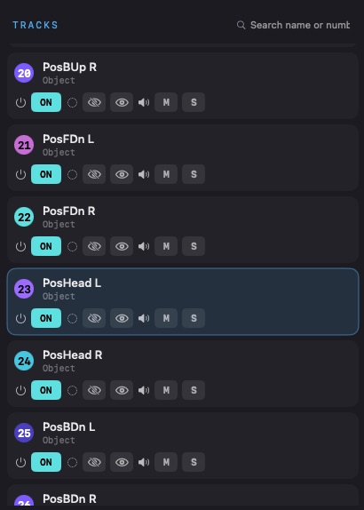 Track list with per-track on, mute, solo and visibility controls