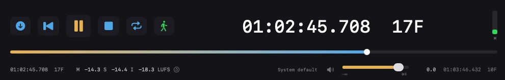 Transport bar with timecode, frame counter and live loudness